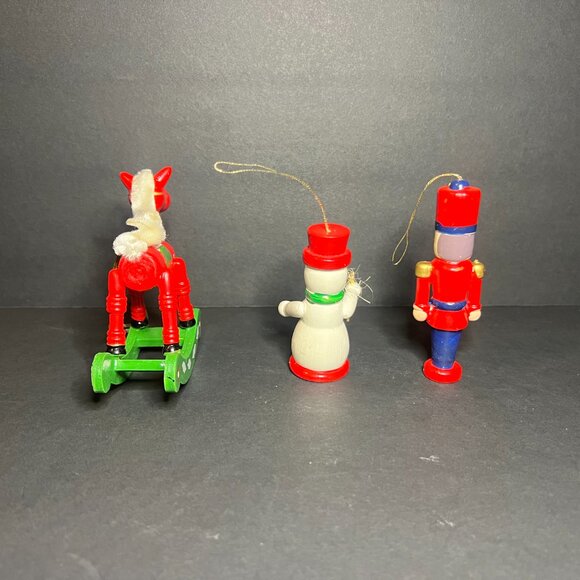 Vintage Lot of 3 Wooden Rocking Horse, Snowman & Soldier Christmas Ornaments - Picture 3 of 6